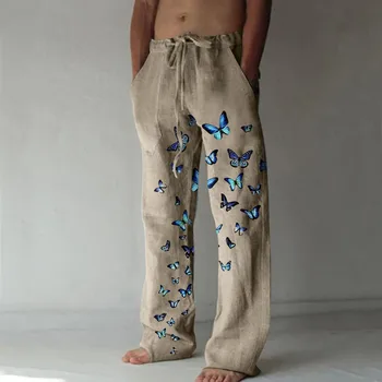Мъжки Памучни Ленени Панталони, Летни Обикновена Дишащи Ленени Панталони с Принтом Пеперуди, Мъжки Ежедневни Свободни Широки Панталони На съвсем малък
