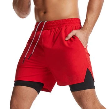 Мъжки шорти за бягане 2 в 1, червено, за джогинг, бързо съхнещи, за занимания в залата за фитнес, двуслойни мъжки къси панталони за бодибилдинг