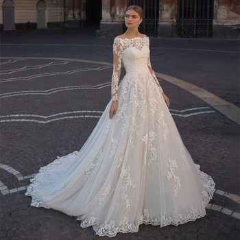 Нов дизайн, деколте лодка, дълъг ръкав, формован апликации, дантелено сватбена рокля трапецовидна форма копчета 2022, сватбената рокля Vestido De Noiva