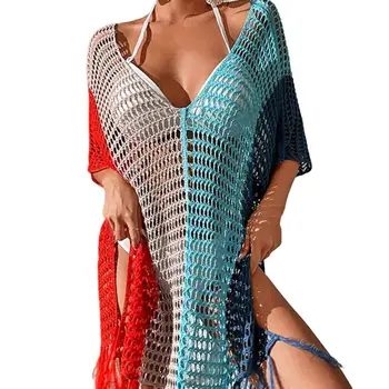 Практически модни дамски прозрачна плажно облекло, универсално плажна рокля с V-образно деколте за басейн