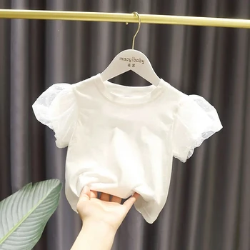 Риза с къс ръкав за малки момичета, на Новост 2023 г., Летни дрехи за момичета, Детски топ в корейски стил, памучен тениска с пищни ръкави за момичета