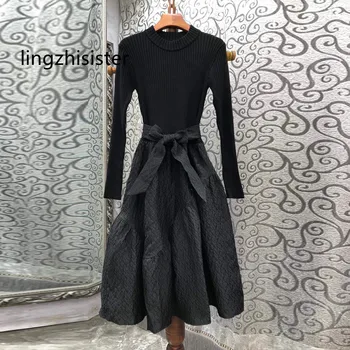 Секси Черна Рокля, вязаное рокля-пуловер, Есен 2023, женски жакард буйни рокли, вязаное рокля с тънка талия, ново записване