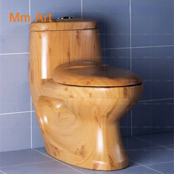 Сифон с принтом от естествено дърво, керамични тоалетна чиния, тоалетна чиния цвят масивна дървесина, свързан с тоалетна чиния, индивидуален творчески тоалетна, тоалетка с огледало, тоалетна