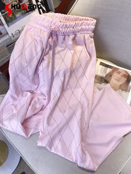 Сладко-розови Свободни спортни панталони с пайети с висока талия Дамски 2023 Пролет Лято Тънки директни ежедневни панталони Femlae Pantalones Mujer
