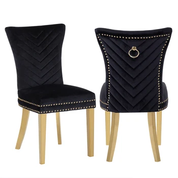 Трапезни столове със златни крака, от 2 части, с кадифена кърпа черен цвят