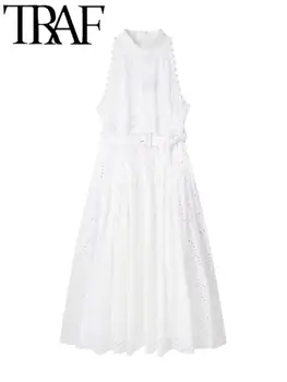 ТРАФИКА на Лятото Секси рокля на бретелях, Бяла подплата, открита бродерия, кръста, без ръкави, тънки дамски рокли миди с висока талия