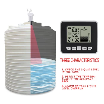 Ултразвукова измерител на нивото на водата в резервоара с дисплей на температурата, аларма време, предавател и приемник за измерване на дълбочината на течности