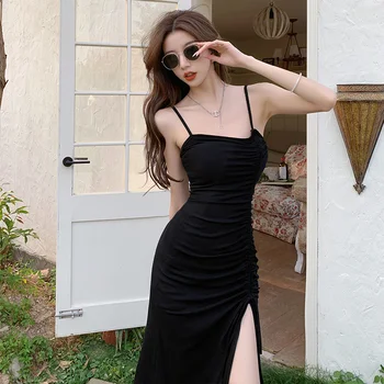Чисто секси рокля на подтяжках за горещо момиче, на новост на лятото 2023, дълги черни елегантни ежедневни модни рокли с цепка на задните части