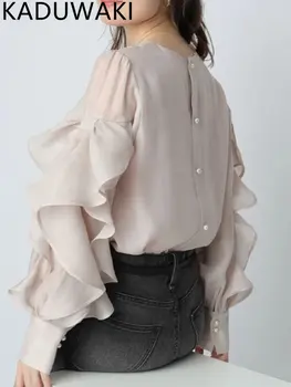 Японски стил, къдри, лоскутный дизайн с лък, блуза с дълъг ръкав, дамски прости ризи с кръгло деколте, пролетно-летни дамски потници, облекло приказка