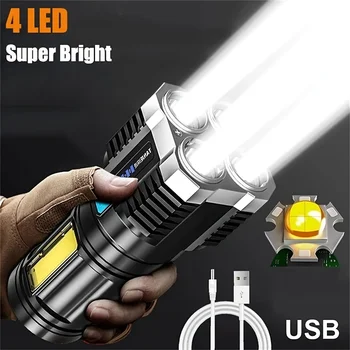 Ярко фенерче, 4 светодиода + странична лампа COB, USB Акумулаторна тактически фенер, водоустойчив ръчен фенер, силна светлина за къмпинг