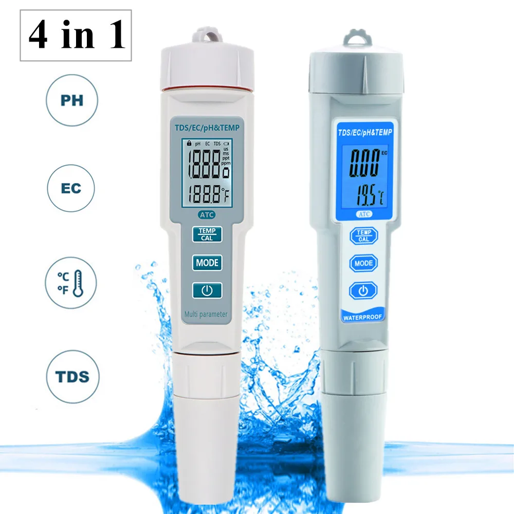 4 в 1 Метър PH/TDS/ЕО/Temp Водоустойчив измерване на PH ATC Цифров мониторинг на качеството на водата Тестер за басейни, резервоари с питейна вода . ' - ' . 0