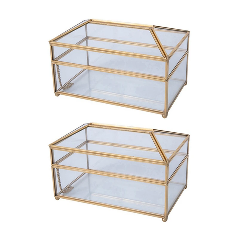 2X Практически кутия за салфетки от златно стъкло, изискана стъклена кутия за съхранение кърпички за грим, елегантен подарък . ' - ' . 0