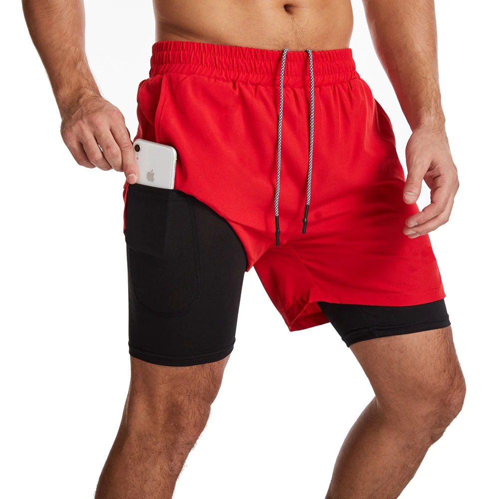Мъжки шорти за бягане 2 в 1, червено, за джогинг, бързо съхнещи, за занимания в залата за фитнес, двуслойни мъжки къси панталони за бодибилдинг . ' - ' . 1