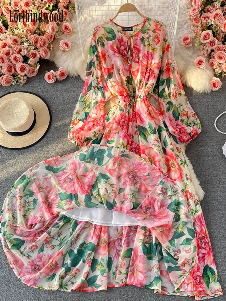 2023, ново модно празнично богемное Макси рокля с цветя, женски яка-пеперуда, цветен принт, еластичен колан, голям подгъва, шифоновое рокля Vestidos . ' - ' . 2