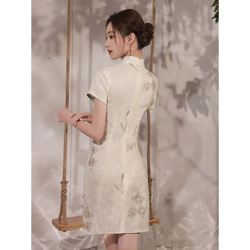 Жена, бежов летен цветен Чонсам в китайски стил, женски Ципао S-XXL, коварен винтажное подобряване на къса рокля-калъф . ' - ' . 3