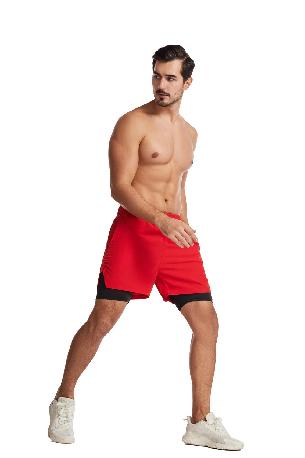 Мъжки шорти за бягане 2 в 1, червено, за джогинг, бързо съхнещи, за занимания в залата за фитнес, двуслойни мъжки къси панталони за бодибилдинг . ' - ' . 3