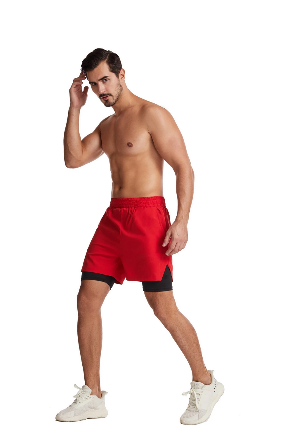 Мъжки шорти за бягане 2 в 1, червено, за джогинг, бързо съхнещи, за занимания в залата за фитнес, двуслойни мъжки къси панталони за бодибилдинг . ' - ' . 4